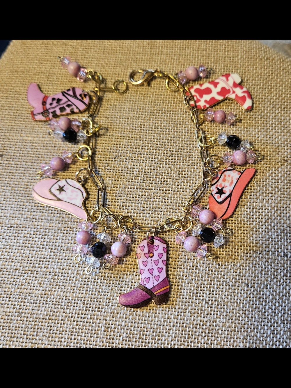 Pink Western Cowgirl Boot And Hat Cha Cha Charm Bracelet